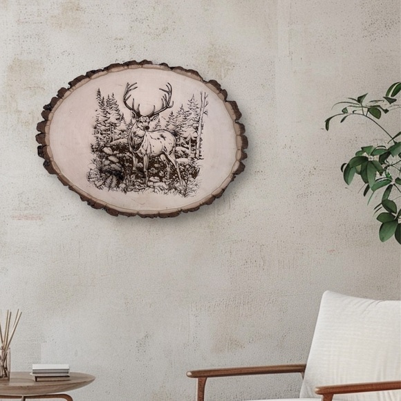 Hand Crafted Other - 2/$50 Rustic Wood Slice Wall Art – Deer in Forest Scene – 16” Oval